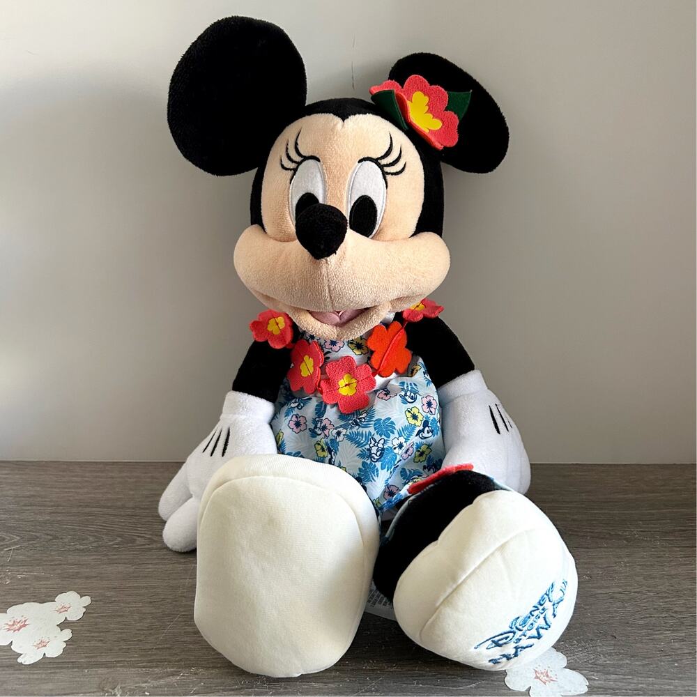 Disney Store Hawaii Exclusive Minnie Mouse Plush Doll Floral Dress Sandals EUC